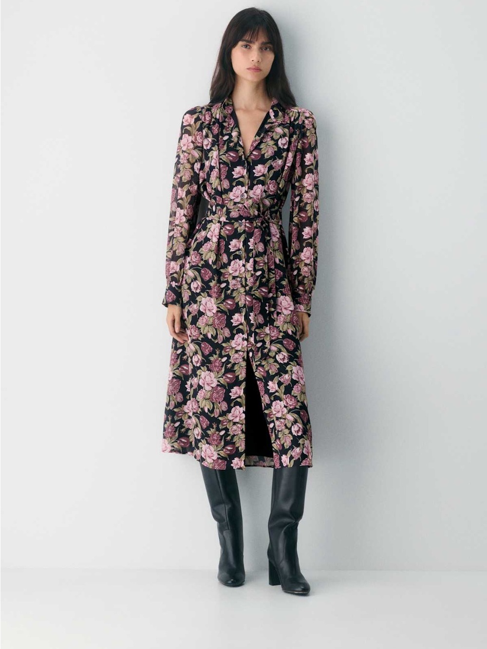 Aritzia Wilfred Black Frozen Broadway Dress Chiffon Midi Shirt Dress